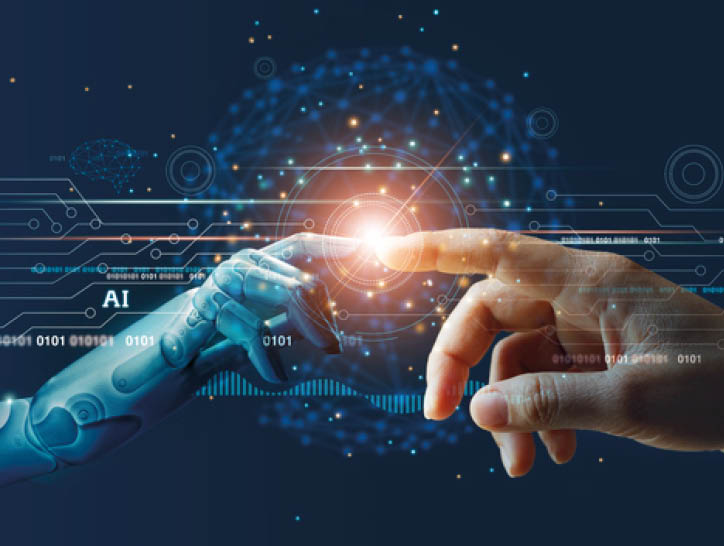 AI, Machine learning, Hands of robot and human touching on big data network connection background, Science and artificial intelligence technology, innovation and futuristic 