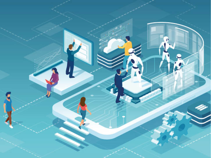 Vector concept of human artificial intelligence interaction with men and women meeting robots on a smartphone platform  AI and people computer interaction abstract idea