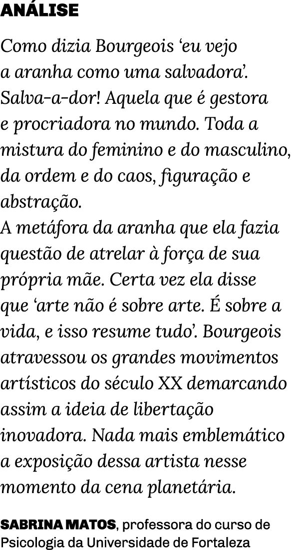 análise Como dizia Bourgeois  eu vejo a aranha como uma salvadora   Salva-a-dor  Aquela que é gestora e procriadora n   