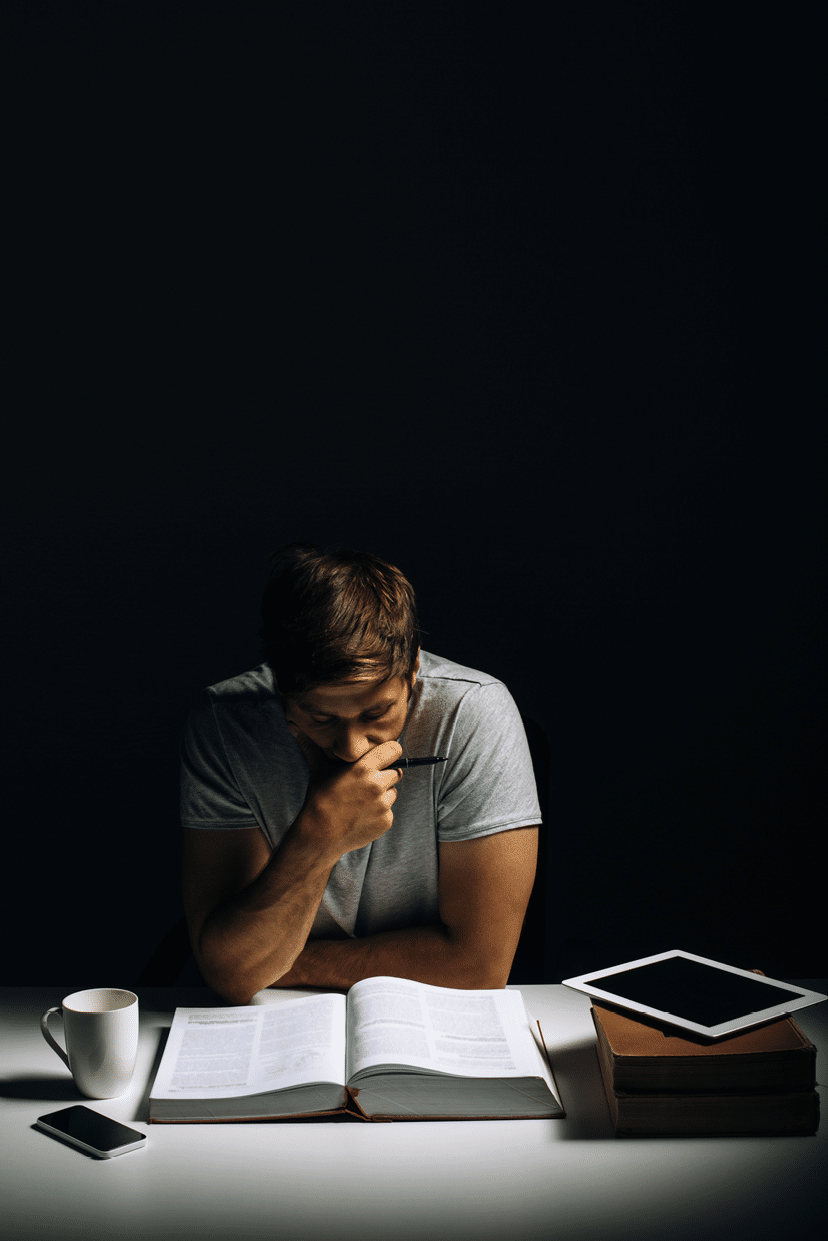 Young male sitting in dark and reading literature