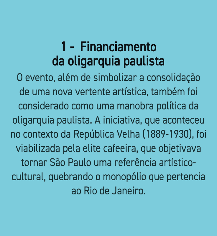 1 - Financiamento da oligarquia paulista O evento, além de simbolizar a consolidação de uma nova vertente artística,    
