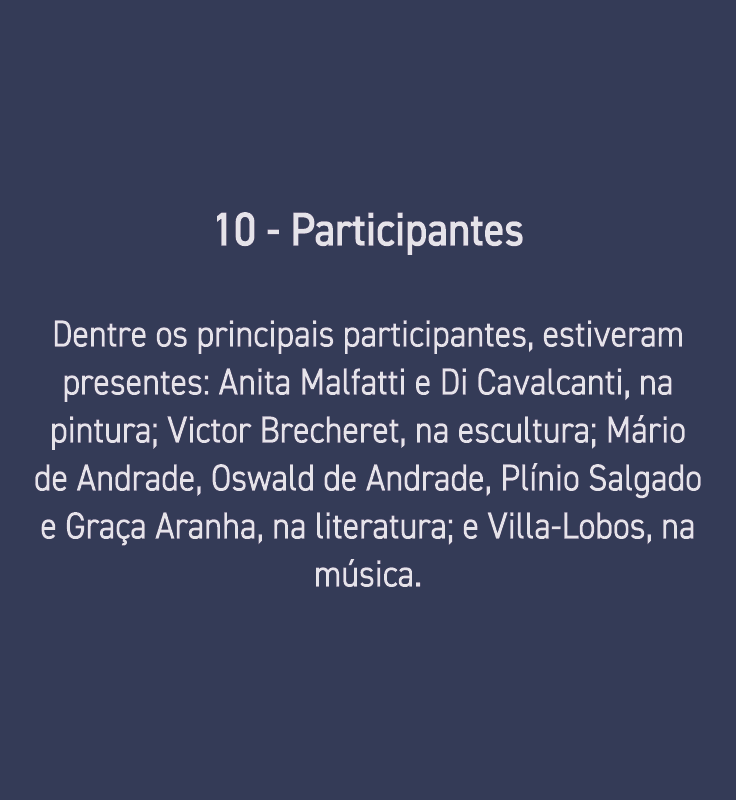 10 - Participantes Dentre os principais participantes, estiveram presentes: Anita Malfatti e Di Cavalcanti, na pintur   
