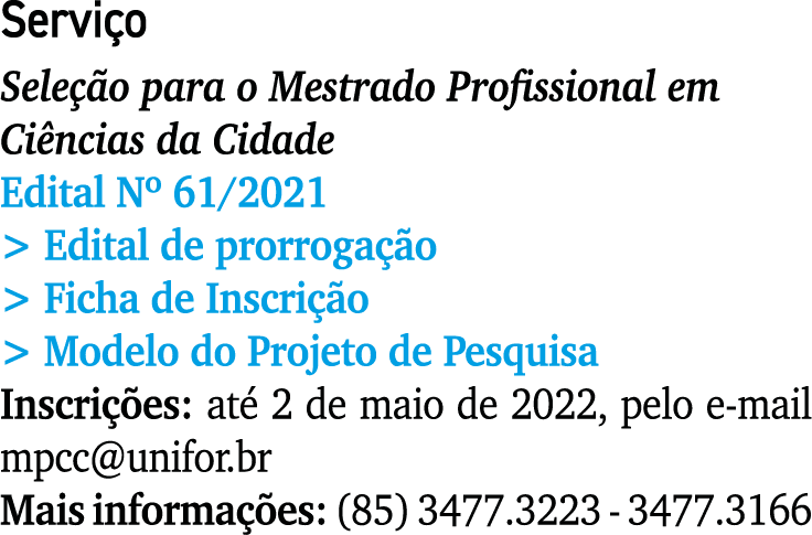 Serviço Seleção para o Mestrado Profissional em Ciências da Cidade Edital N  61 2021   Edital de prorrogação   Ficha    