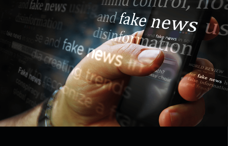 Social media on display with fake news and hoax information  Searching on tablet, pad, phone or smartphone screen in hand  Abstract concept of news titles broadcasting 3d illustration 