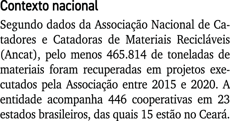 Contexto nacional Segundo dados da Associação Nacional de Catadores e Catadoras de Materiais Recicláveis (Ancat), pel   