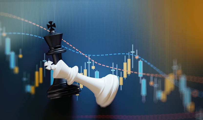 King chess pieces on financial data analysis graph  Selective focus  Horizontal composition with copy space 
