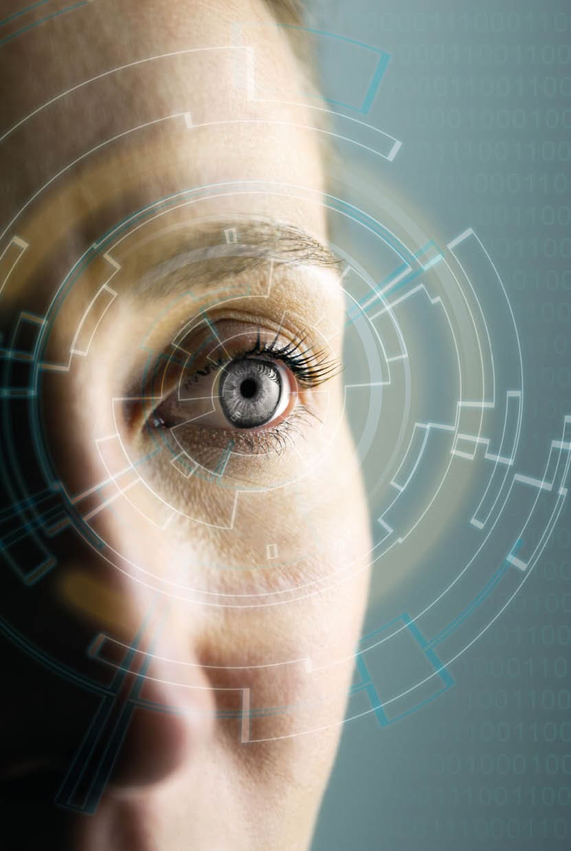 High Technologies in the future  Young woman's eye and high-tech concept, augmented reality display, wearable computing