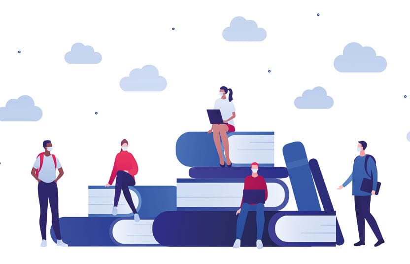 Student lifestyle in pandemic concept. Vector flat person illustration. Group of multi-ethnic young adult in face mask. Book, laptop, pen sign. Design for college banner, school web, infographic