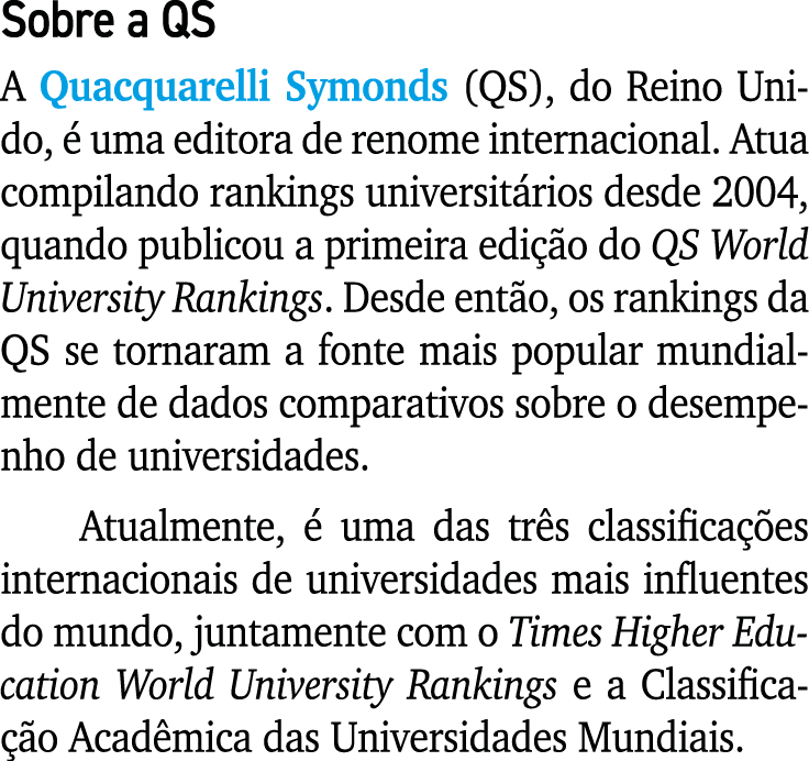 Sobre a QS A Quacquarelli Symonds (QS), do Reino Unido,  uma editora de renome internacional. Atua compilando rankin...