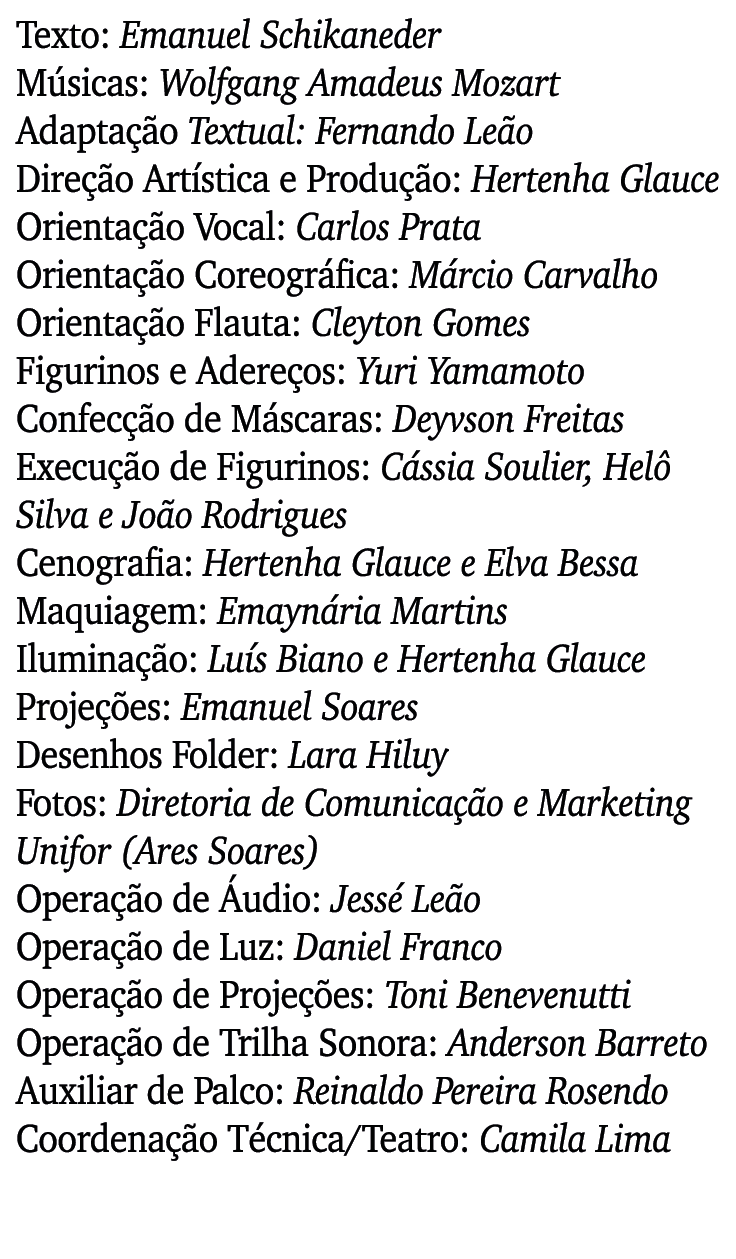 Texto: Emanuel Schikaneder M sicas: Wolfgang Amadeus Mozart Adapta o Textual: Fernando Le o Dire  o Art stica e Prod...