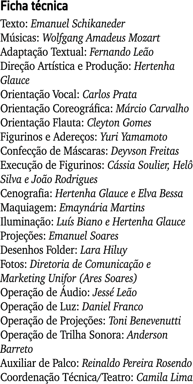 Ficha t cnica Texto: Emanuel Schikaneder M sicas: Wolfgang Amadeus Mozart Adapta o Textual: Fernando Le o Dire  o Ar...