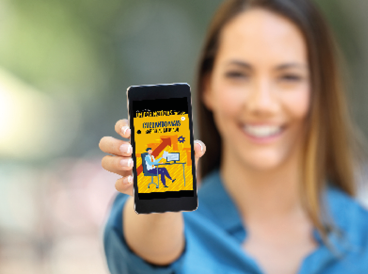 Girl hand showing a phone screen mock up on the street