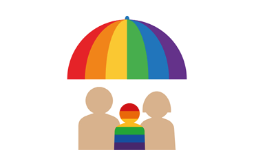 Gay teen with parents under the rainbow umbrella. LGBT rights concept. Vector illustration. Design element for banner, leaflet, sticker, booklet.