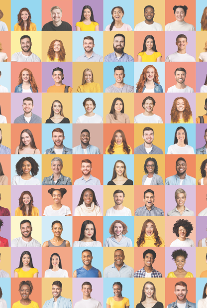 Multiple Portraits Of Young Happy And Successful Millennial People In Square Collage Over Different Colorful Backgrounds. Happy Human Faces Collection, Set Of Headshots. Social Diversity Concept