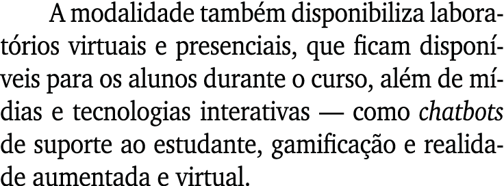 A modalidade tamb m disponibiliza laborat rios virtuais e presenciais, que ficam dispon veis para os alunos durante o...