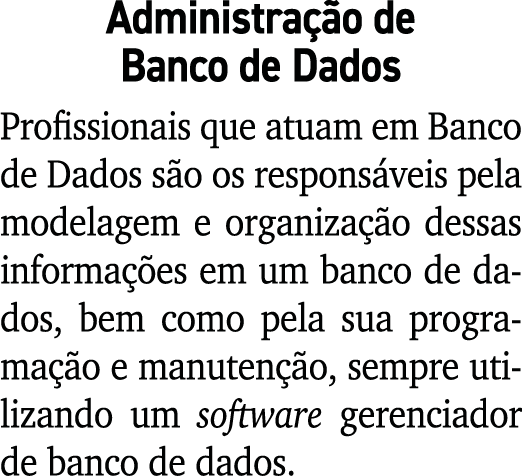 Administra o de Banco de Dados Profissionais que atuam em Banco de Dados s o os respons veis pela modelagem e organi...