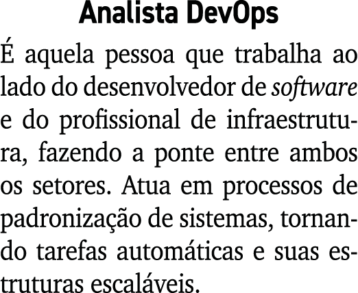 Analista DevOps  aquela pessoa que trabalha ao lado do desenvolvedor de software e do profissional de infraestrutura...