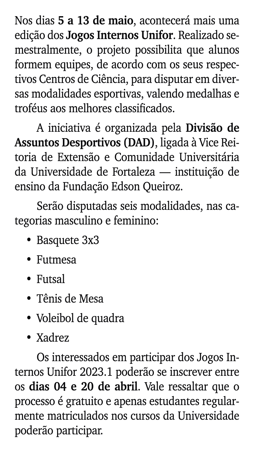 Nos dias 5 a 13 de maio, acontecer mais uma edi  o dos Jogos Internos Unifor. Realizado semestralmente, o projeto po...
