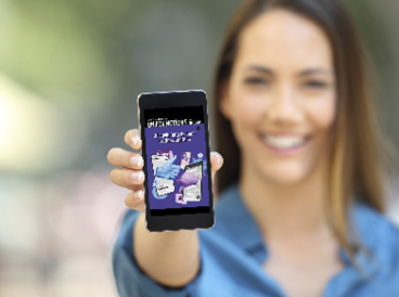 Girl hand showing a phone screen mock up on the street
