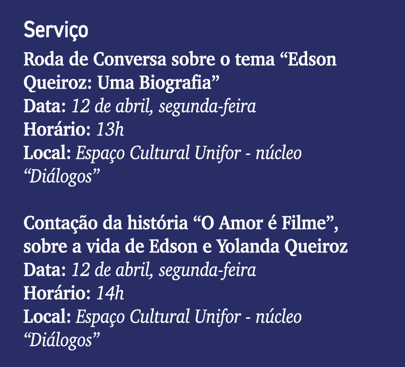 Servi o Roda de Conversa sobre o tema “Edson Queiroz: Uma Biografia” Data: 12 de abril, segunda feira Hor rio: 13h Lo...