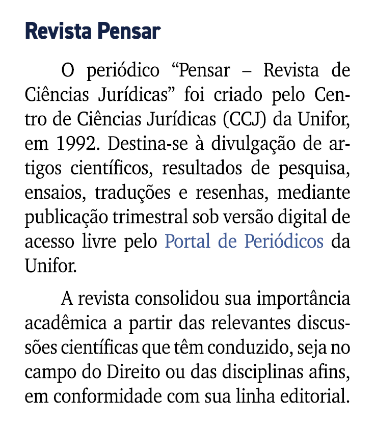 Revista Pensar O peri dico “Pensar – Revista de Ci ncias Jur dicas” foi criado pelo Centro de Ci ncias Jur dicas (CCJ...