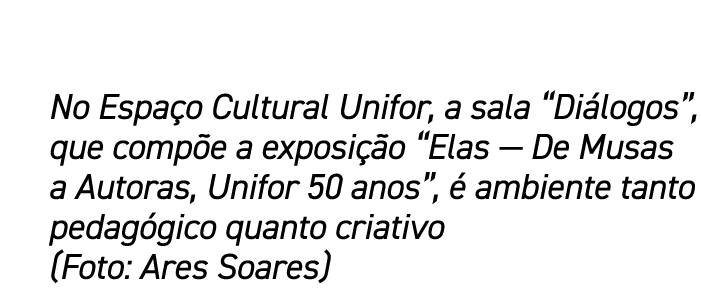 No Espa o Cultural Unifor, a sala “Di logos”, que comp e a exposi o “Elas — De Musas a Autoras, Unifor 50 anos”,   a...