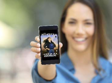 Girl hand showing a phone screen mock up on the street