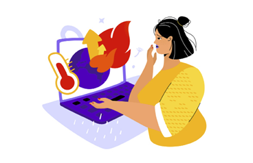 The problem of global warming - colorful flat design style illustration with a cartoon character. A woman reads on a computer about climate changes on our planet. Concern for the environment, ecology