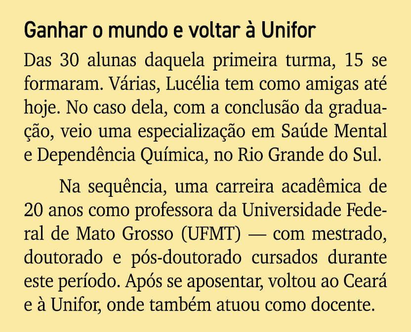 Ganhar o mundo e voltar  Unifor Das 30 alunas daquela primeira turma, 15 se formaram. V rias, Luc lia tem como amiga...