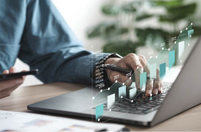 Businessman analyzing digital financial balance sheet of company working with digital virtual graphic design. Calculating long-term investment financial data icon on touch screen