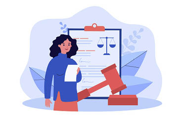 Lawyer working on judicial contract. Tiny woman standing with judges gavel and legal document flat vector illustration. Legislation, law concept for banner, website design or landing web page
