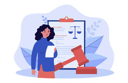 Lawyer working on judicial contract. Tiny woman standing with judges gavel and legal document flat vector illustration. Legislation, law concept for banner, website design or landing web page