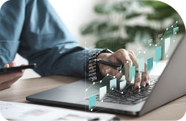 Businessman analyzing digital financial balance sheet of company working with digital virtual graphic design. Calculating long-term investment financial data icon on touch screen