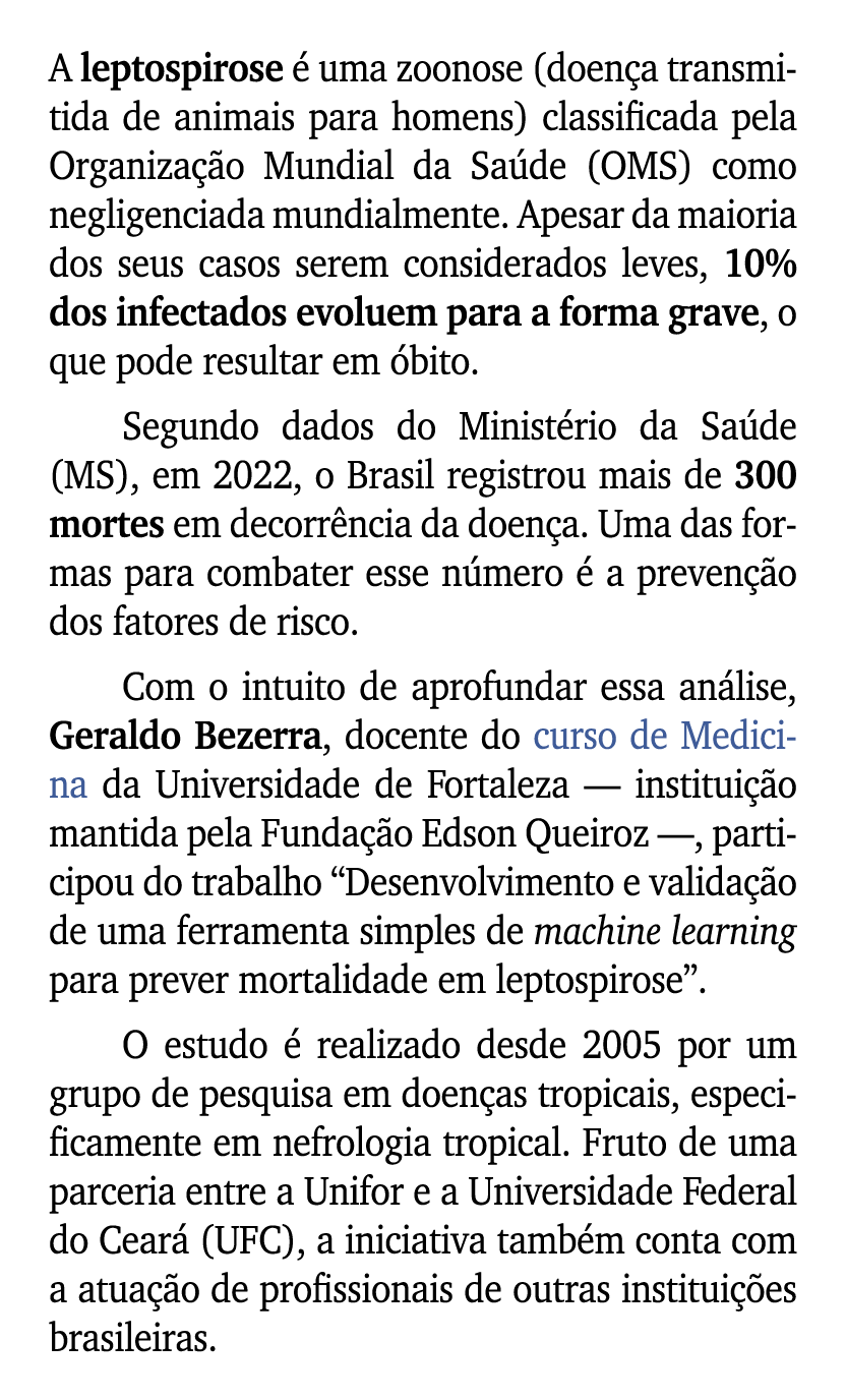 A leptospirose  uma zoonose (doen a transmitida de animais para homens) classificada pela Organiza  o Mundial da Sa ...