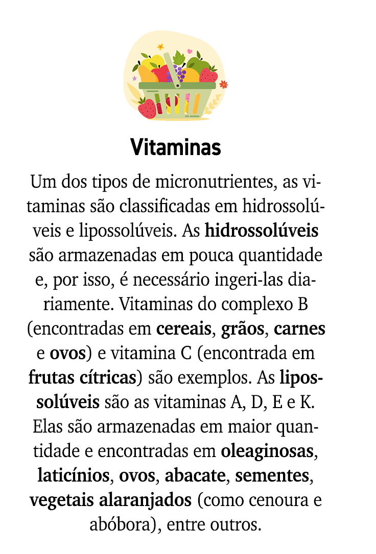 ￼ Vitaminas Um dos tipos de micronutrientes, as vitaminas s o classificadas em hidrossol veis e lipossol veis. As hid...