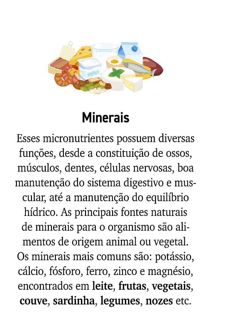 ￼ Minerais Esses micronutrientes possuem diversas fun es, desde a constitui  o de ossos, m sculos, dentes, c lulas n...