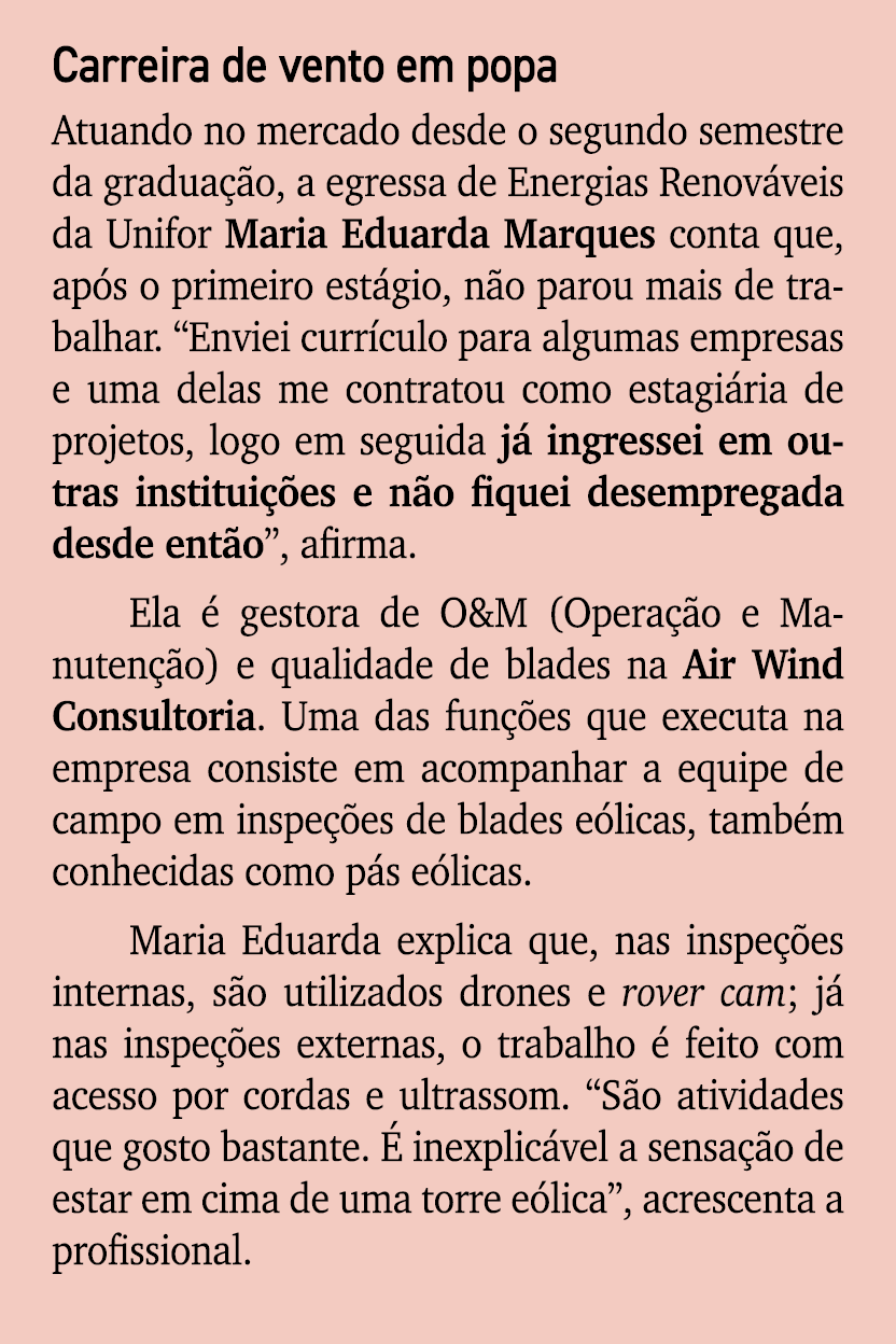 Carreira de vento em popa Atuando no mercado desde o segundo semestre da gradua o, a egressa de Energias Renov veis ...