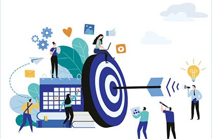 Target with arrow vector illustration banner. goal achievement. business teamwork marketing concept. flat cartoon character design for web mobile