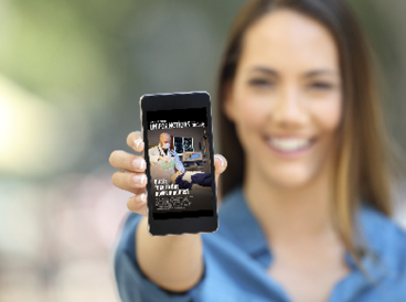 Girl hand showing a phone screen mock up on the street