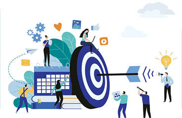 Target with arrow vector illustration banner. goal achievement. business teamwork marketing concept. flat cartoon character design for web mobile