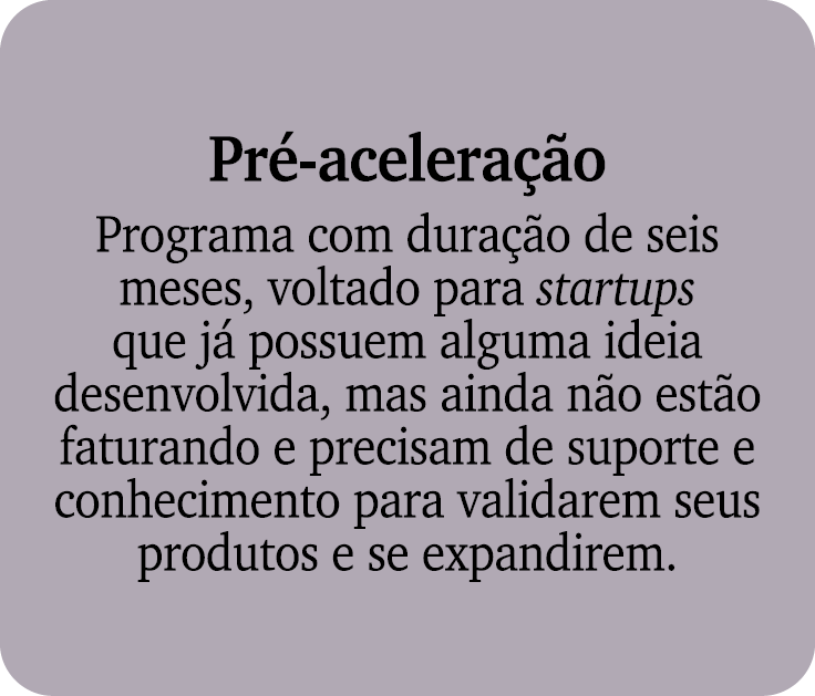 Pr acelera  o Programa com dura  o de seis meses, voltado para startups que j  possuem alguma ideia desenvolvida, ma...