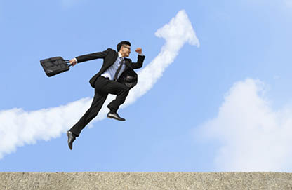 happy successful business man jump and run with arrow cloud and blue sky background, asian male