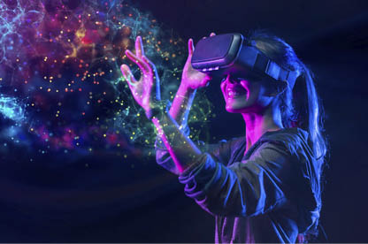 People with VR grasses playing virtual reality game. Future digital technology and 3D virtual reality simulation modern futuristic lifestyle