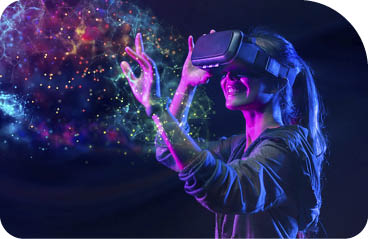 People with VR grasses playing virtual reality game. Future digital technology and 3D virtual reality simulation modern futuristic lifestyle