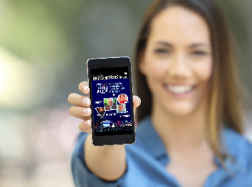 Girl hand showing a phone screen mock up on the street