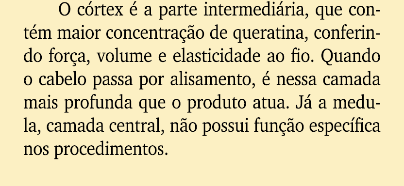 O c rtex  a parte intermedi ria, que cont m maior concentra  o de queratina, conferindo for a, volume e elasticidade...
