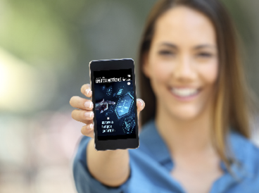 Girl hand showing a phone screen mock up on the street