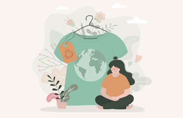 Green T-shirt made from recycled materials. Female character supports movement zero waste and eco fashion. Eco-friendly textile on hanger. Ethical clothing production. Trendy flat vector illustration