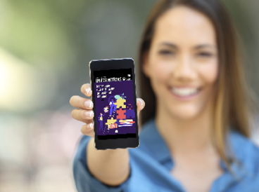 Girl hand showing a phone screen mock up on the street