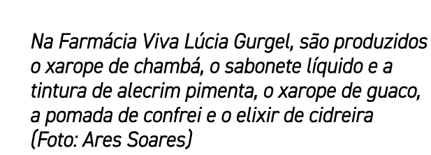 Na Farm cia Viva L cia Gurgel, s o produzidos o xarope de chamb , o sabonete l quido e a tintura de alecrim pimenta, ...